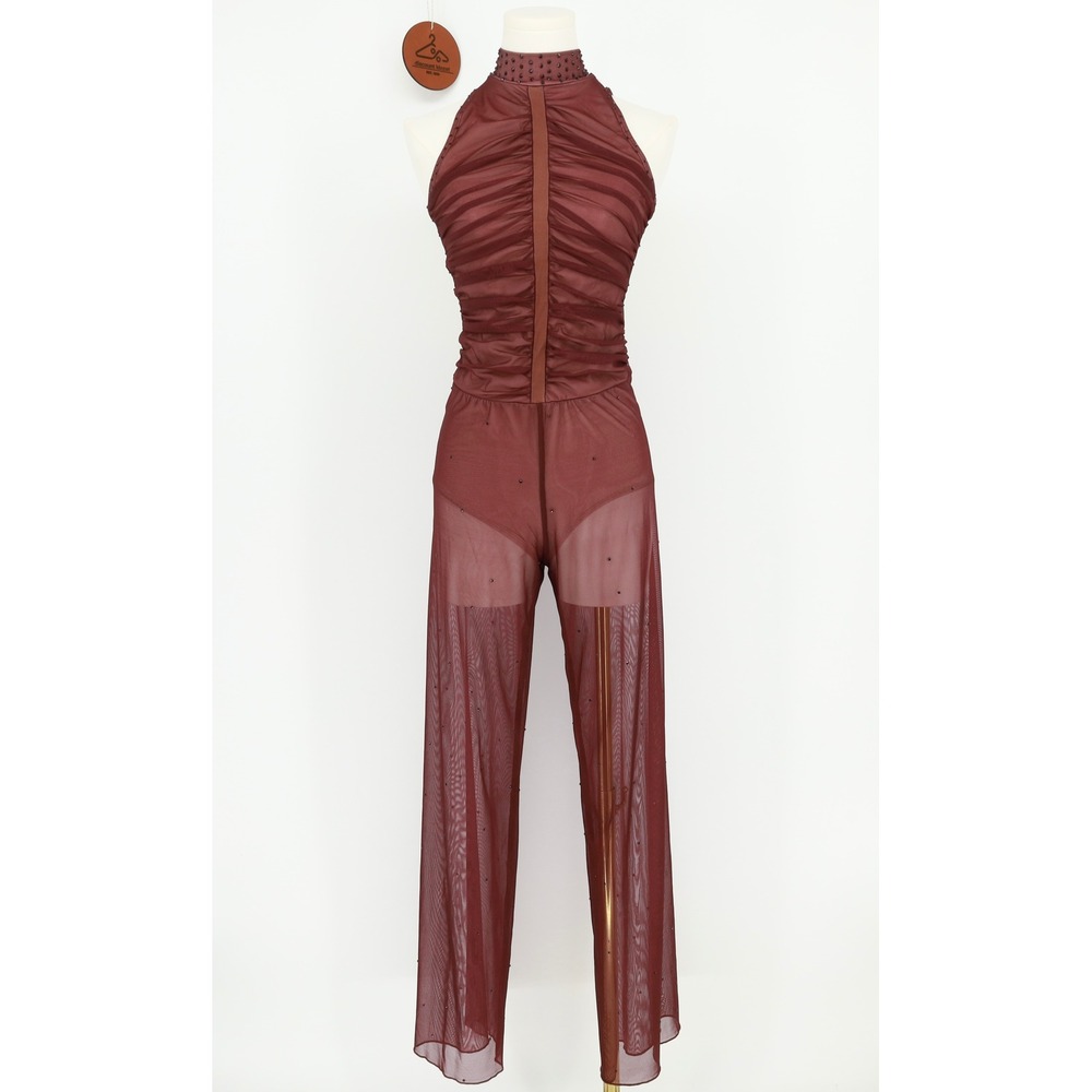 The Lineup Mesh Ruched Halter‎ Open Back Unitard Jumpsuit Small Long Sheer Dance